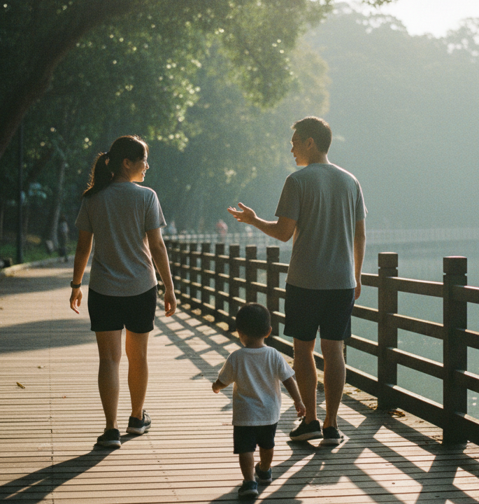 Family of three walking on a wooden path by a lake with trees in the background